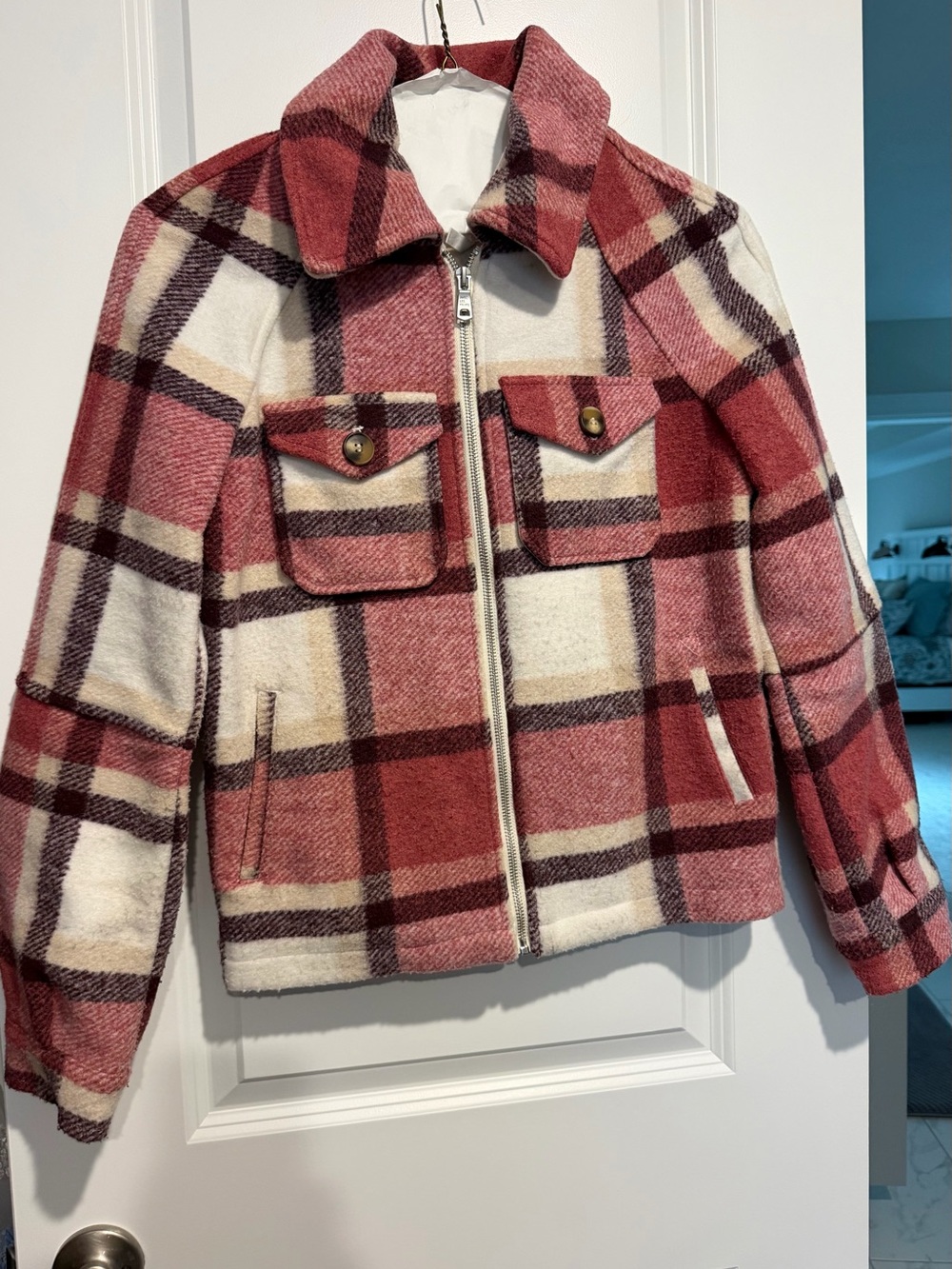 Avec Les Filles Rose and Ivory Plaid Zip Jacket